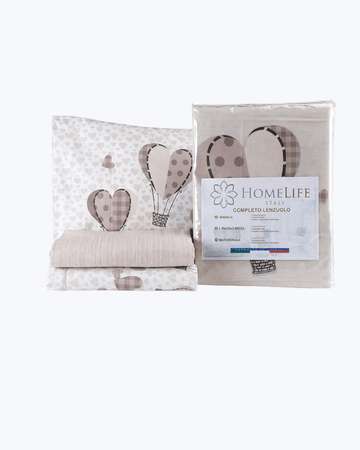 Set Lenzuola Letto in Cotone Made in Italy - Completo Letto Stampa Mongolfiere Beige